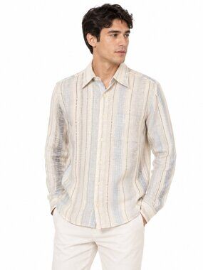 Belle Men's Linen Shirt Size M Beige Striped Long Sleeve Button Up Vintage